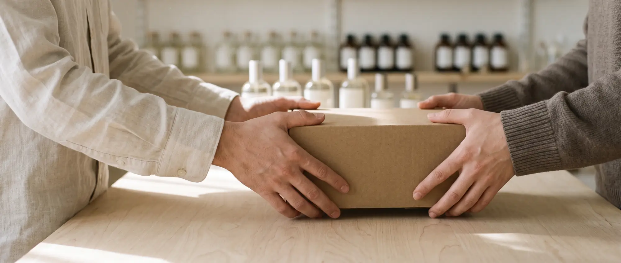 Manos intercambiando producto aromatico, ambiente de trabajo artesanal