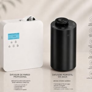 Kit de difusores nebulizadores Z&A Style Living con difusor profesional para hasta 300 m² y difusor portátil sin agua. Sistema de aromatización premium con tecnología de nebulización en frío.