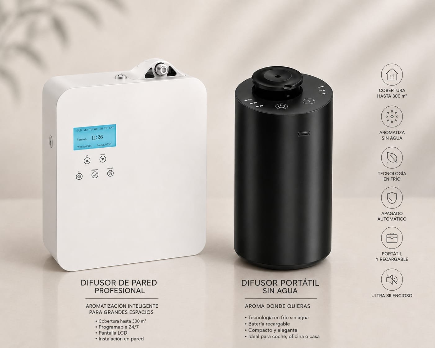 Kit de difusores nebulizadores Z&A Style Living con difusor profesional para hasta 300 m² y difusor portátil sin agua. Sistema de aromatización premium con tecnología de nebulización en frío.
