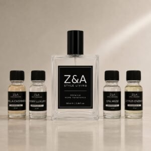 Kit Home Fragrance Z&A Style Living con frasco spray de 100 ml y 4 esencias aromáticas premium de 10 ml para crear ambientadores personalizados.